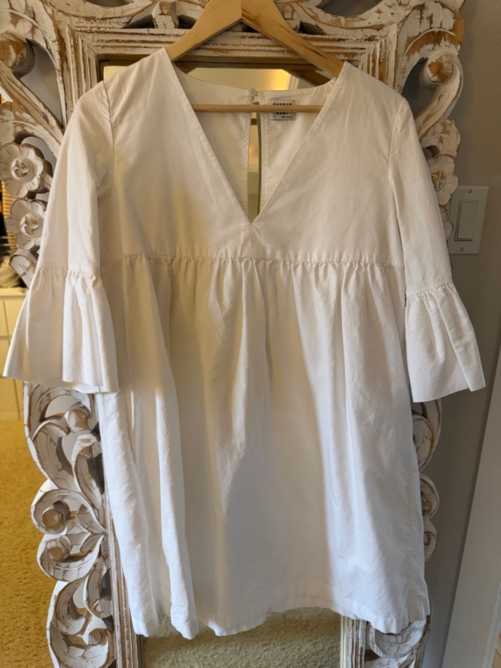 Sunday Best White V-Neck Empire Tunic with Ruffled Sleeves